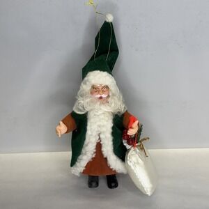 Vtg Flocked Santa Clause Father Christmas Ornament Green Coat White Toy Sack